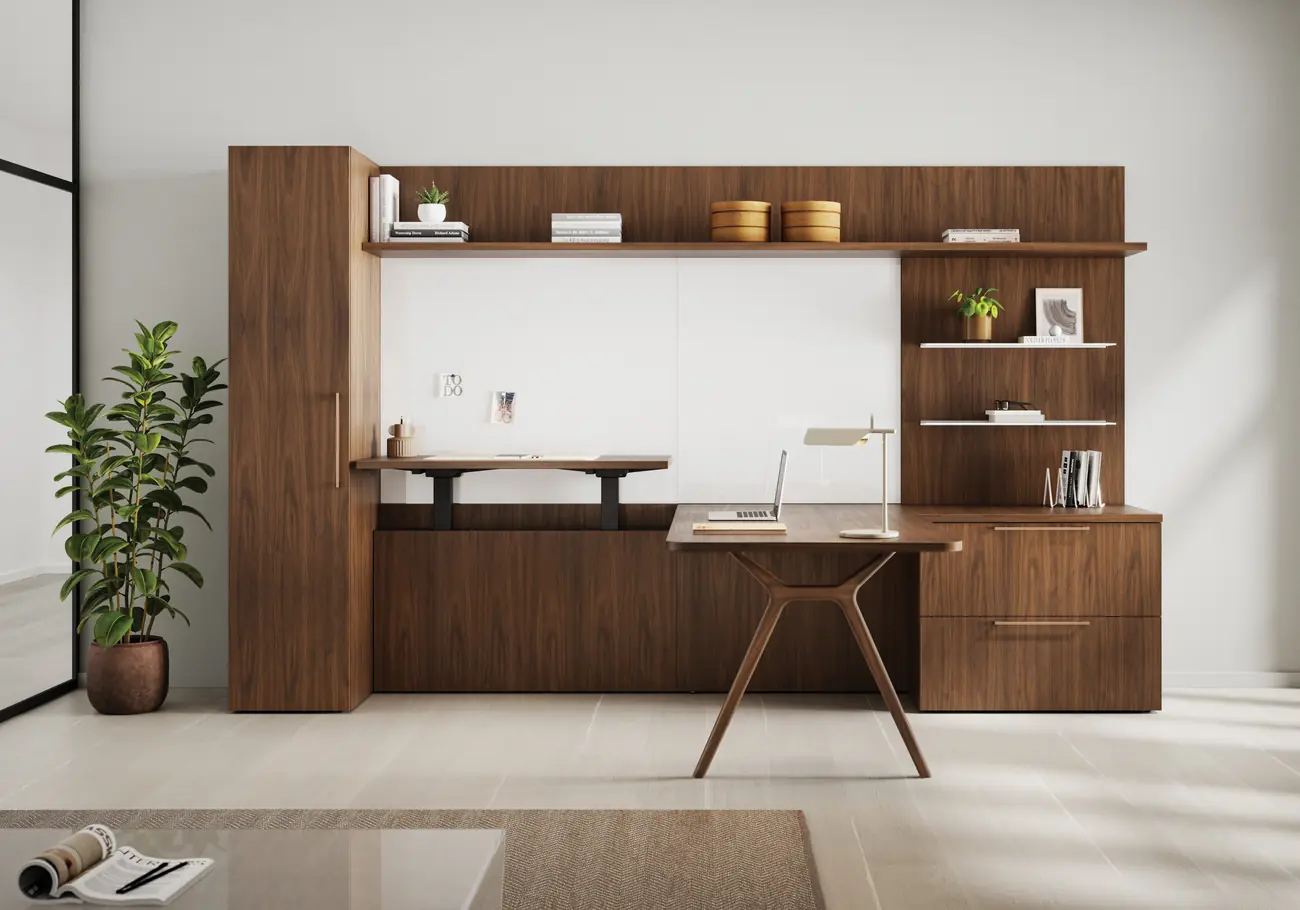 JSI Vision walnut executive suite with height-adjustable desk, as specified and procured by PNB